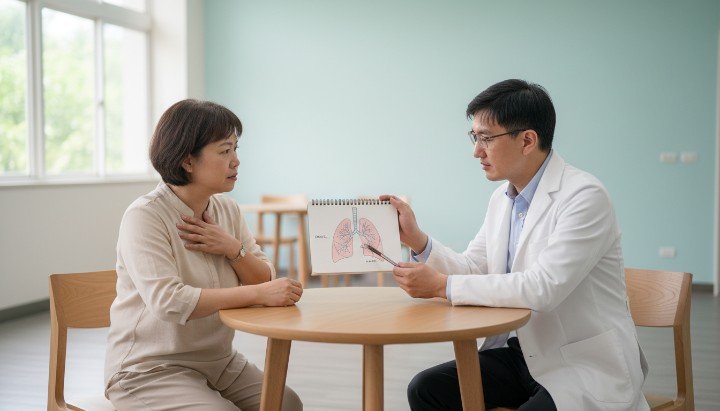 專業醫師使用聽診器檢查是否有氣喘發作跡象 臥室配置防蟎寢具可有效降低夜間氣喘發作機率 患者在進行劇烈運動後出現呼吸急促與氣喘發作 醫護人員透過肺功能檢測儀器診斷潛在氣喘發作