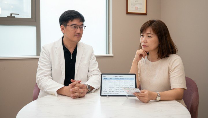 吳紹琥醫師在診所分析肉毒價格差異 各品牌肉毒價格與外包裝瓶身特寫 醫師手持針劑說明影響肉毒價格因素 比較不同部位施打所需肉毒價格標示