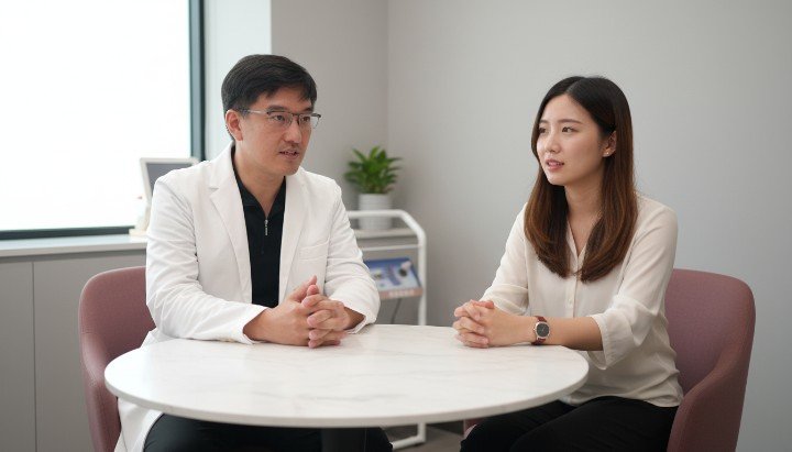 吳紹琥醫師講解中西醫結合的痘痘調理邏輯 現代醫學診所內進行專業的皮膚痘痘調理 患者接受結合中醫概念的營養痘痘調理建議 醫師展示使用醫療儀器進行深層痘痘調理過程