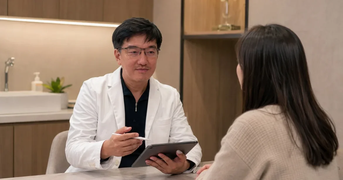 吳芮醫師細心評估臉部凹陷狀況，說明艾麗斯治療方案。